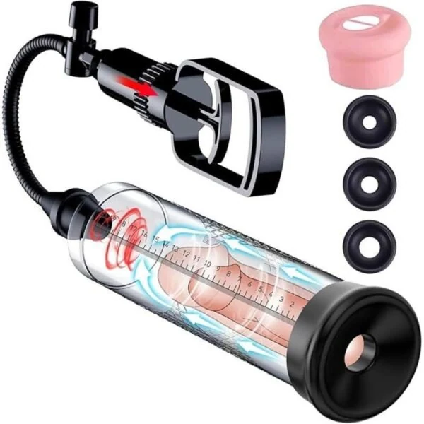 Diagram of a clear manual vacuum pump showing its hand-operated handle, hose and fittings