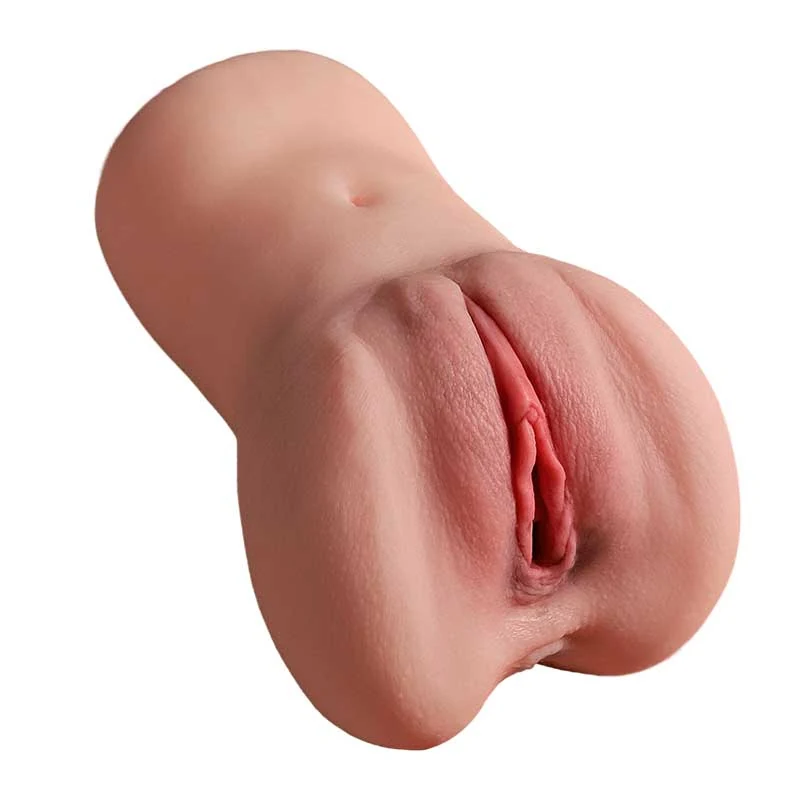 Flesh-tone compact hip-shaped masturbator with two openings on a white background