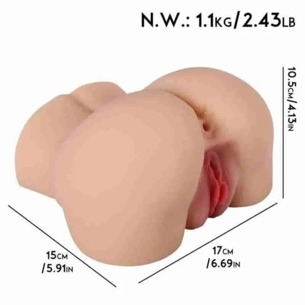 Flesh-tone dual-opening buttocks masturbator with a 17 by 15 by 10.5 cm dimension chart