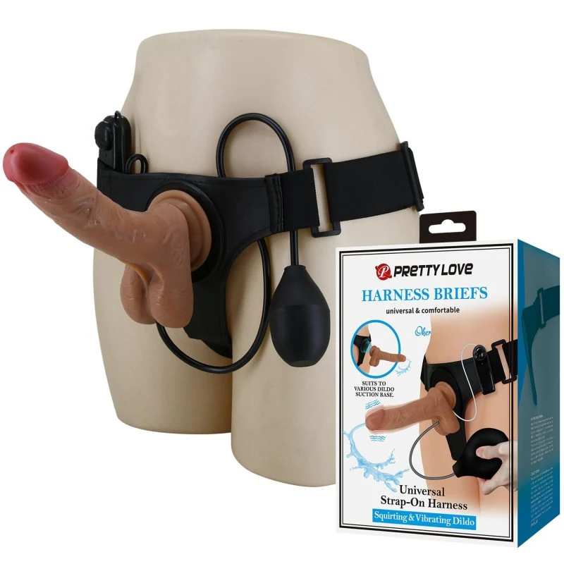 Brown strap-on dildo with a black harness, control unit, pump and branded packaging on a display form