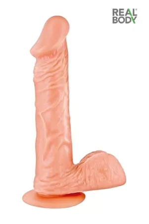 Upright view of a flesh-tone realistic dildo with the original image branding visible