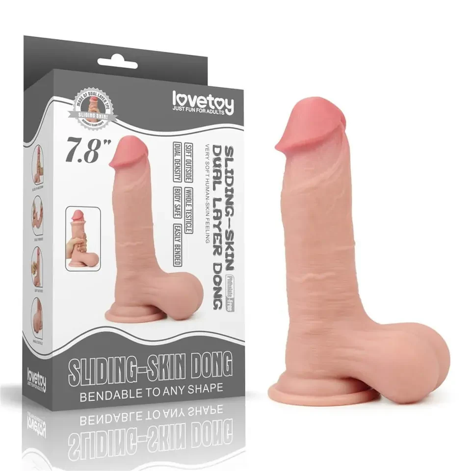 Flesh-tone dual-layer dildo with a suction base beside its branded packaging