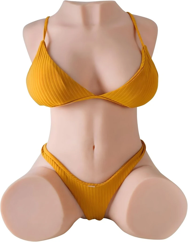 Adult torso model shown wearing yellow underwear in a styled photograph