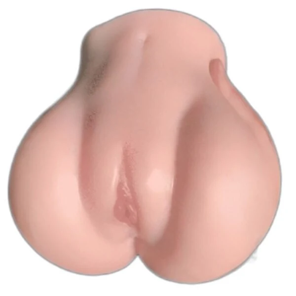 Front view of a flesh-tone upright hip-shaped vaginal masturbator