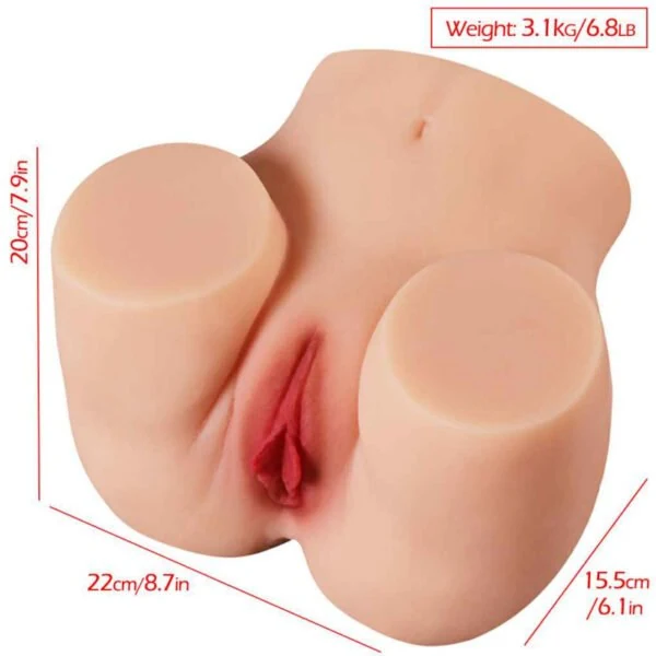 Wide flesh-tone buttocks masturbator with a 22 by 15.5 by 20 cm dimension chart and 3.1 kg label